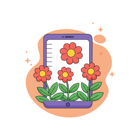 Illustration shows a smartphone screen with vibrant red flowers and green leaves blooming, surrounded by sparkles, creating a cheerful mood.のイラスト素材