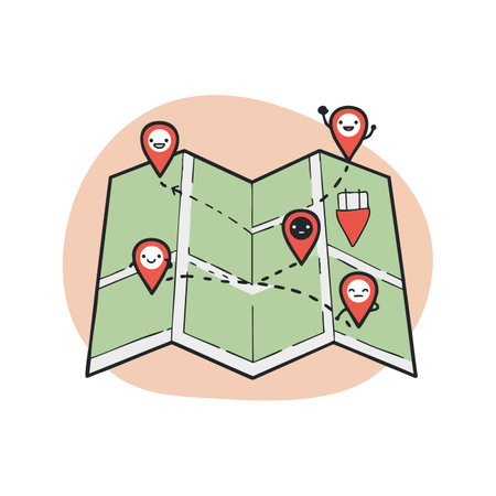 Illustration shows a folded map with multiple red location pins featuring smiling faces, symbolizing navigation and travel joyfully.のイラスト素材