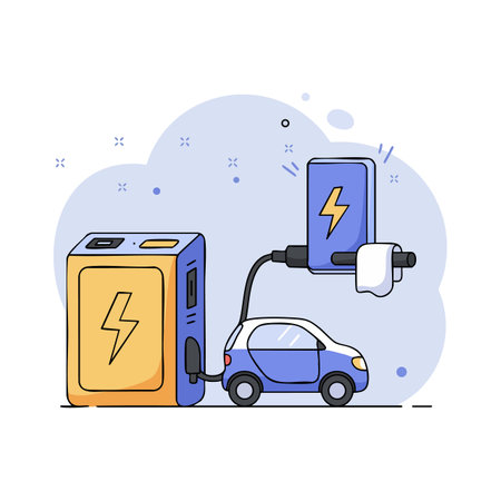 Illustration shows electric car connected to charging station with mobile app control, emphasizing modern clean energy use and technology. Energetic mood.のイラスト素材