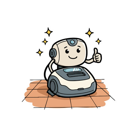 This illustration shows a cute robot vacuum cleaner giving a thumbs up on a tiled floor with sparkles around, conveying cleanliness and satisfaction. Cheerful mood.のイラスト素材