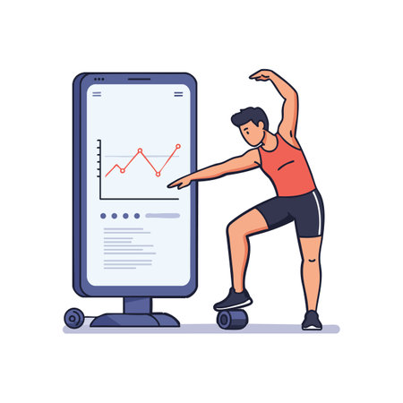 Illustration shows man balancing on rollerboard next to large digital fitness data screen, focusing on health and activity, energetic mood.のイラスト素材