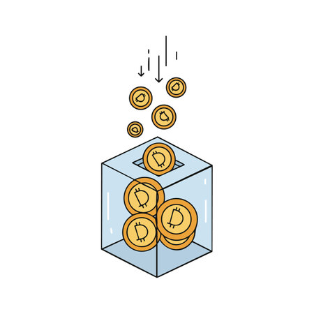 Illustration depicts bitcoin coins dropping into a clear savings box representing digital currency investment and saving, with a clean style. Calm mood.のイラスト素材