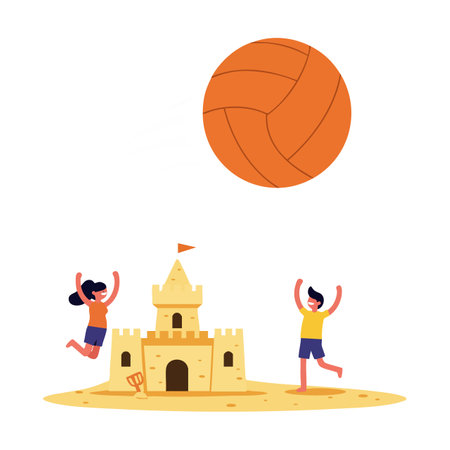 Two children play volleyball near a sandcastle on a sunny beach, illustrating summer fun and outdoor activity with a joyful mood.のイラスト素材
