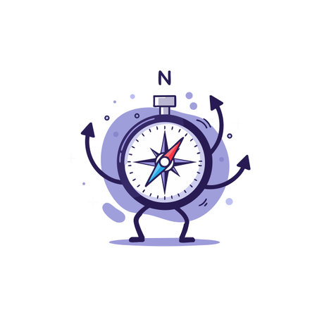 This vector illustration shows an animated compass with directional arrows and legs pointing north in a playful style, creating a cheerful mood.のイラスト素材