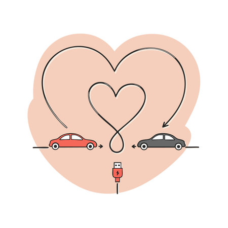 Illustration shows two electric cars connected by a heart-shaped charging cable on a pink background, symbolizing love and eco-friendly transport. Warm mood.のイラスト素材