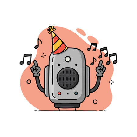 Vector illustration of a cartoon speaker character wearing a party hat, dancing and playing music with musical notes, creating a festive mood.のイラスト素材