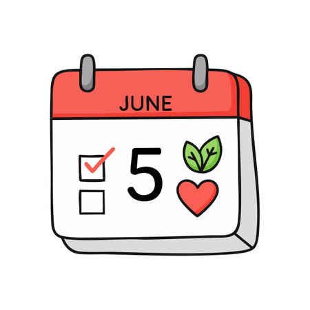 Illustration shows a calendar page marked June 5 with heart and leaf symbols indicating environmental awareness. The style is simple and clear, cheerful.のイラスト素材