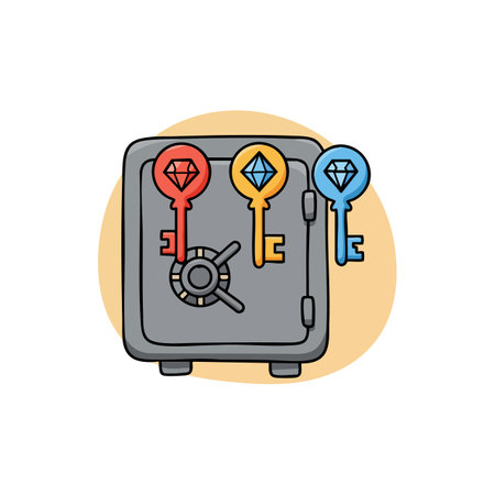 Illustration shows a safe box with three colorful keys representing security and protection concepts in a flat style. Calm mood.のイラスト素材