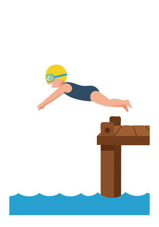 Child in swim cap and goggles dives off wooden dock into blue water in a simple vector illustration, conveying playful and energetic mood.のイラスト素材