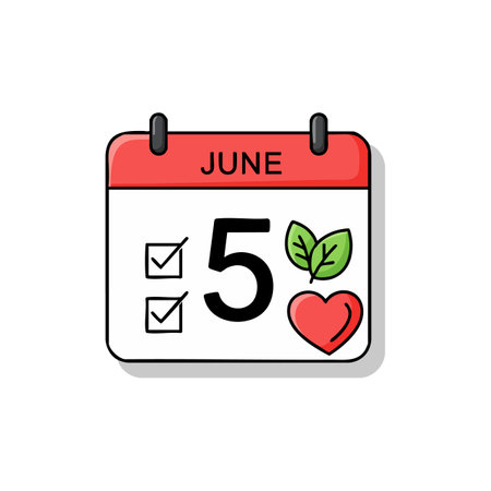 Vector illustration of June 5 calendar page featuring checkboxes, green leaves, and red heart icons in a simple style. Cheerful mood.のイラスト素材