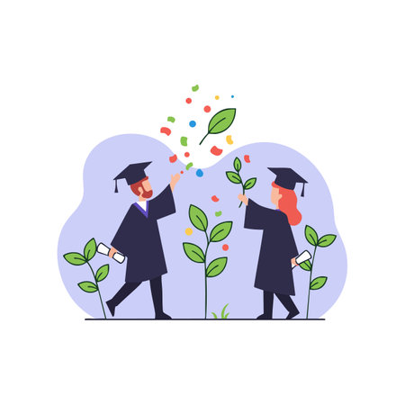 Two graduates wearing academic caps hold diplomas and plants while celebrating achievement in a colorful, cheerful scene. Joyful mood.のイラスト素材