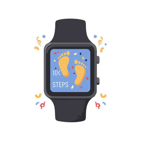 Illustration shows a fitness tracker smartwatch displaying ten thousand steps with colorful confetti around the screen, conveying achievement and motivation mood.のイラスト素材