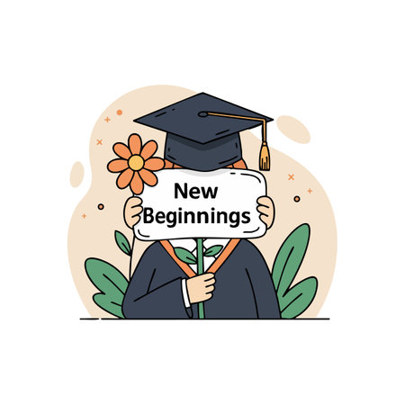Illustration shows a graduate wearing a cap holding a flower and a sign that reads new beginnings, symbolizing fresh starts and hope. Optimistic mood.のイラスト素材