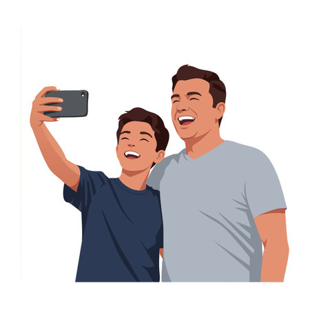 Father and son smile while taking selfie with smartphone in a casual setting, capturing joyful family moment and connection. Cheerful mood.のイラスト素材