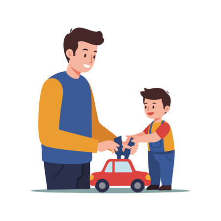 Father and son interact while playing with a red toy car in casual clothes on a white background, creating a warm and joyful atmosphere.のイラスト素材