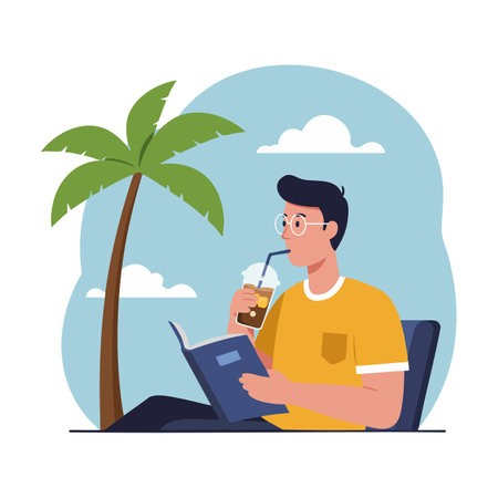 A man in an orange shirt drinks juice and reads a book under a palm tree with clouds in the background, creating a calm mood.のイラスト素材