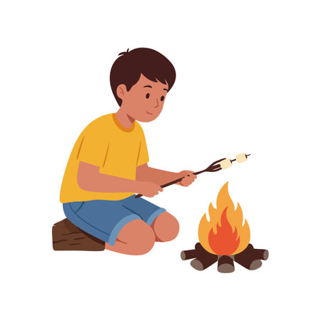 A boy in a yellow shirt and blue shorts roasts marshmallows on a campfire, sitting on a log in a relaxed outdoor scene. Cheerful mood.のイラスト素材