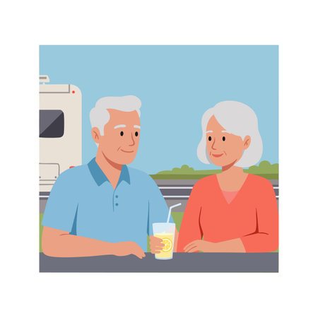 Elderly couple sits at a picnic table outdoors near a camper, sharing a refreshing drink and enjoying a peaceful moment together. Calm scene.のイラスト素材