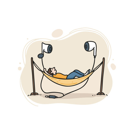 Illustration shows a person lying comfortably in a yellow hammock connected to oversized earbuds enjoying music in a relaxed and peaceful mood.のイラスト素材