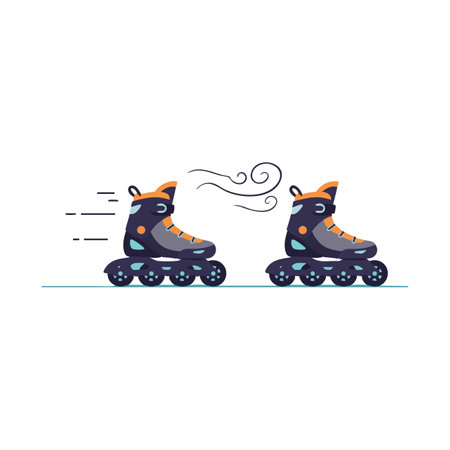 Illustration shows two roller skates with speed lines and wind swirls depicting fast movement and...