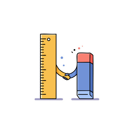 This vector illustration shows a ruler and eraser shaking hands symbolizing cooperation and teamwork in office or school settings. Friendly mood.のイラスト素材