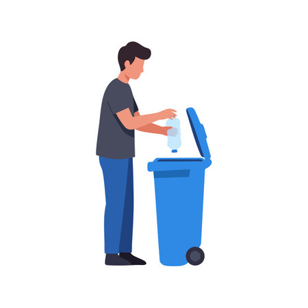 Illustration shows man placing plastic bottle into blue recycling bin, promoting environmental awareness and responsible waste disposal, calm mood.のイラスト素材