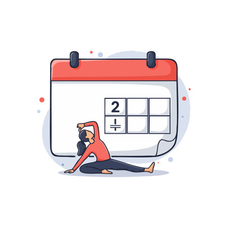 A woman performs a stretching exercise next to a calendar showing a division symbol on the second day, conveying focus and discipline. Calm mood.のイラスト素材