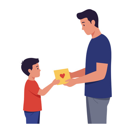 Illustration shows a young boy giving a heart card to his father expressing love and affection in a simple, heartwarming moment. Warm mood.のイラスト素材