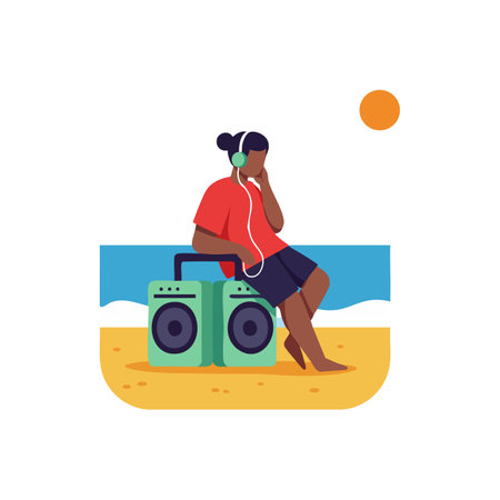 A man sits barefoot on a green boombox at the beach, listening to music through headphones under the sun. Relaxed and peaceful mood.のイラスト素材