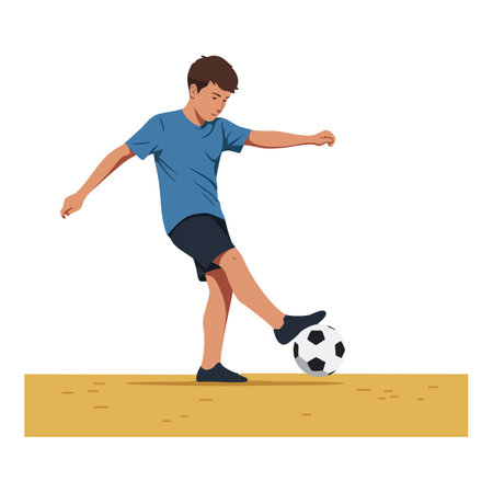 Young boy in blue shirt and black shorts is kicking a soccer ball on a field, showing focus and movement in a sporty scene. Calm mood.のイラスト素材