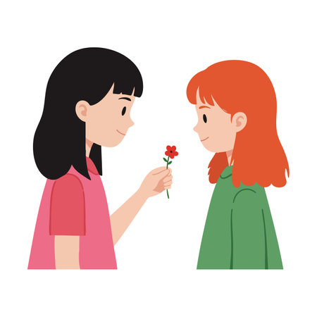 Two girls face each other exchanging a red flower symbolizing friendship and kindness in a simple, colorful vector style. Cheerful mood.のイラスト素材