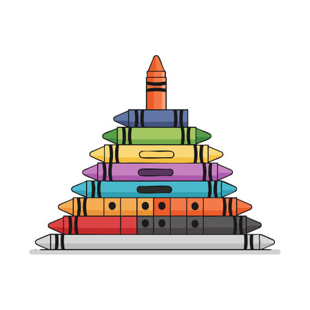 This image shows a vibrant pyramid stack of crayons in various colors for creative art and drawing activities, emitting a playful mood.のイラスト素材