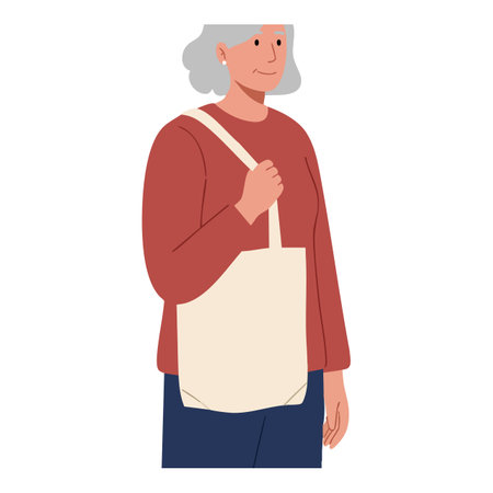 Older woman with gray hair carries a beige tote bag wearing rust sweater and navy pants in a simple flat style. Calm mood.のイラスト素材
