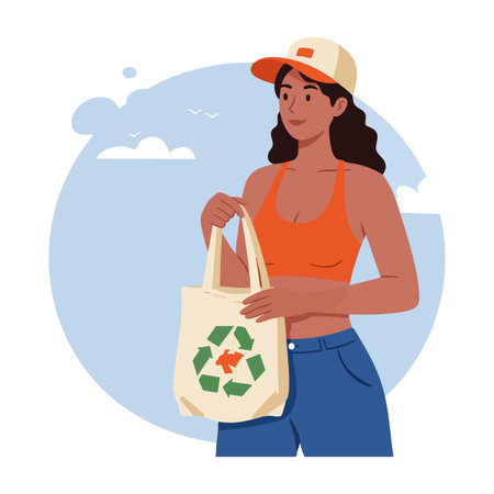 Illustration shows a woman in an orange top and cap holding a tote bag with recycling symbol outdoors under blue sky, conveying eco awareness mood.のイラスト素材
