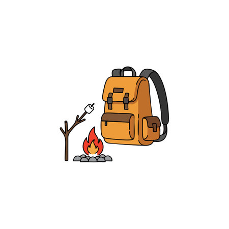 Illustration shows a camping backpack near a campfire with a marshmallow roasting on a stick, evoking outdoor adventure mood.のイラスト素材