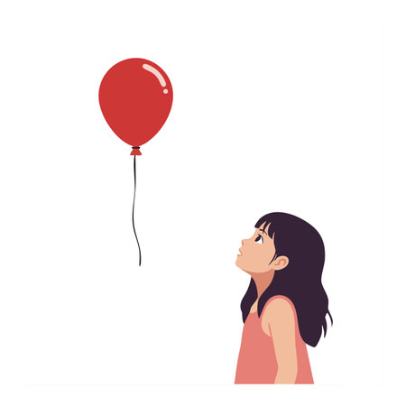Vector illustration of a girl with dark hair looking at a single red balloon floating upwards on a white background, calm and thoughtful.のイラスト素材