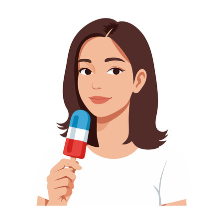 Illustration shows a young woman holding a red, white, and blue popsicle, wearing a white shirt in a relaxed summer mood.のイラスト素材