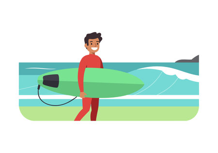 A smiling surfer walks along the shore carrying a green surfboard with ocean waves behind, capturing a lively beach scene. Cheerful mood.のイラスト素材