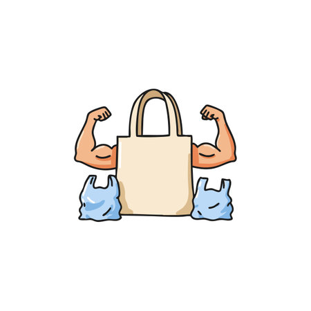 Illustration shows a reusable shopping bag with muscular arms flanked by plastic bags symbolizing strength and sustainability, creating a positive mood.のイラスト素材