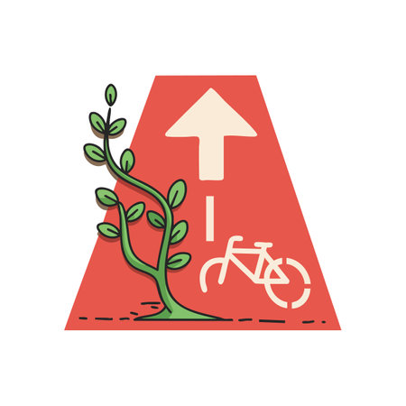 Illustration shows a bicycle lane sign with a green climbing plant growing alongside, symbolizing nature merging with urban cycling. Calm mood.のイラスト素材