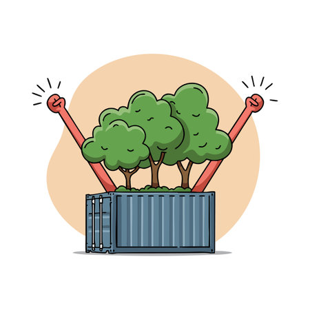 Illustration shows green trees growing in a blue container with raised red watering cans symbolizing urban sustainable gardening. Calm mood.のイラスト素材