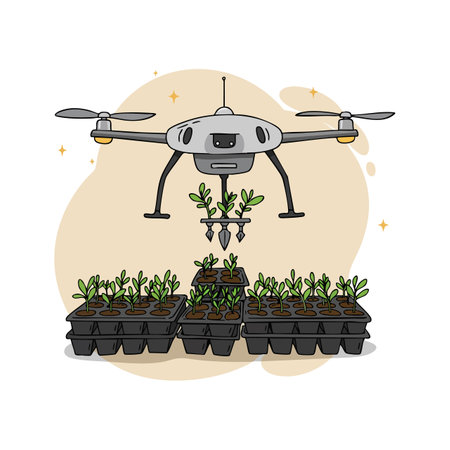 Illustration shows an agricultural drone planting seedlings in trays, highlighting modern sustainable farming technology with clean and innovative mood.のイラスト素材