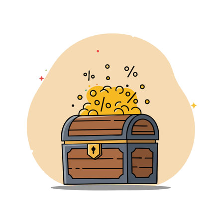Illustration shows treasure chest overflowing with gold coins and percentage symbols, glowing with sparkles on beige background, cheerful mood.のイラスト素材