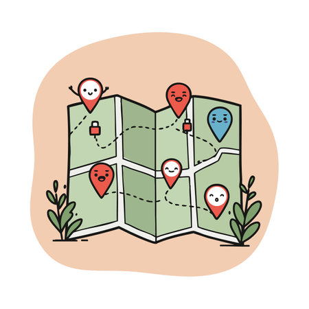 Illustration shows a green map with red and blue location pins expressing various emotions and two plants on sides, playful mood.のイラスト素材