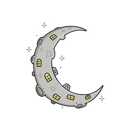 Crescent moon designed as a house with lit windows and small stars around, presented in simple line style, creating a whimsical mood.のイラスト素材