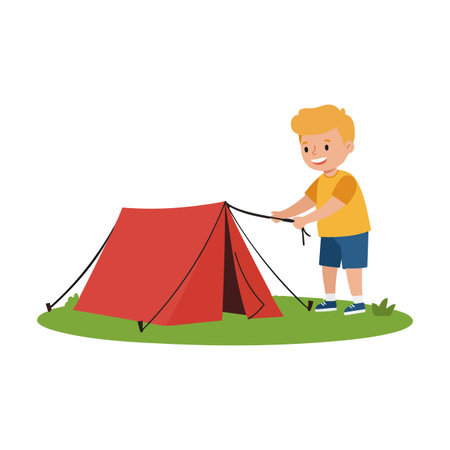 A cheerful boy sets up a red camping tent on green grass, enjoying outdoor leisure activity in a bright, simple style. Playful mood.のイラスト素材