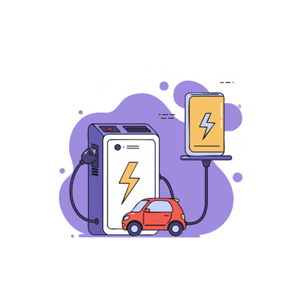 Vector illustration shows electric car charging station with red car and yellow lightning icons on devices, set against purple background, modern and clean style.のイラスト素材