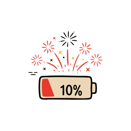 Illustration of a low battery at ten percent with red warning and explosion marks, symbolizing...