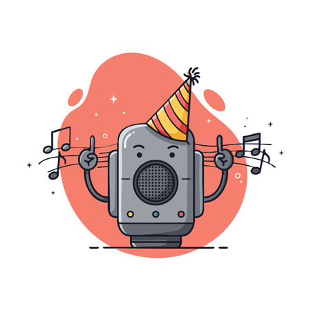 Vector illustration shows a music speaker wearing a party hat with musical notes floating around, creating a joyful festive atmosphere, cheerful mood.のイラスト素材