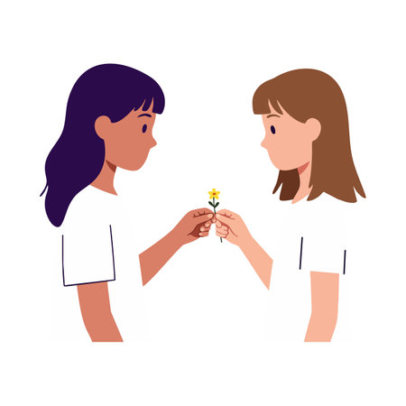 Two girls face each other as one hands a small yellow flower to the other, depicting kindness and friendship in a calm mood.のイラスト素材